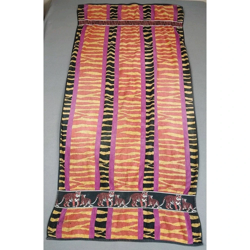 Vintage Tropical Escape Beach Towel Bengal Tiger Print Heavy Cotton XL 34x65